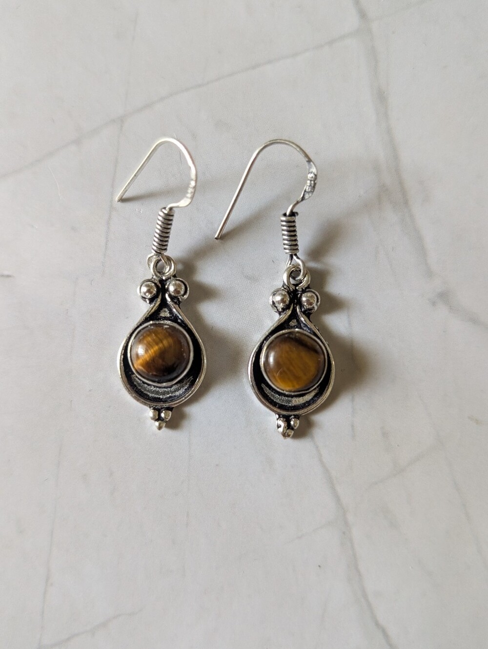 Sterling Silver Tiger Eye Earrings | 925 Gemstone Dangle Vintage Jewelry